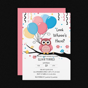 Invitation Chouette rose mignonne avec ballons et Baby shower