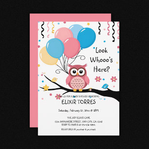 Invitation Chouette rose mignonne avec ballons et Baby shower