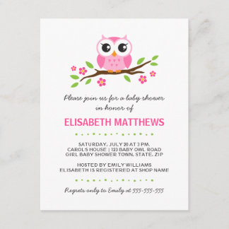 Invitation Chouette rose pâle sur le baby shower de la fillet