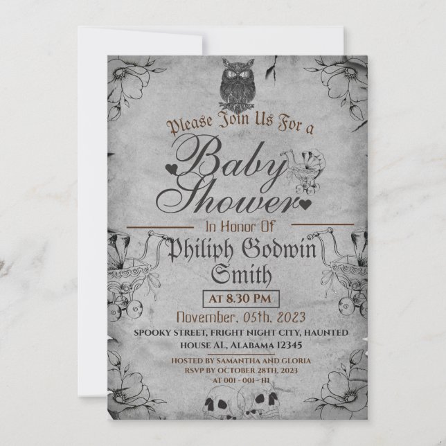 Invitation Chouette Vintage Élégant Gothique, Baby shower Hal (Devant)