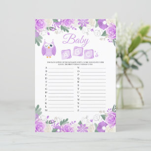 Invitation Chouette violette Baby shower floral bébé ABC's Ga