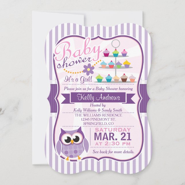 Invitation Chouette violette rose et lavande, Baby shower de  (Devant)