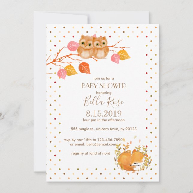 Invitation Chouettes d'automne Polka Dot Baby Douche Invitati (Devant)