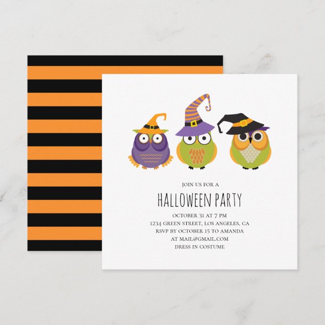 Invitation Chouettes d'Halloween. Fête costumée pour enfants  (Devant / Derrière)