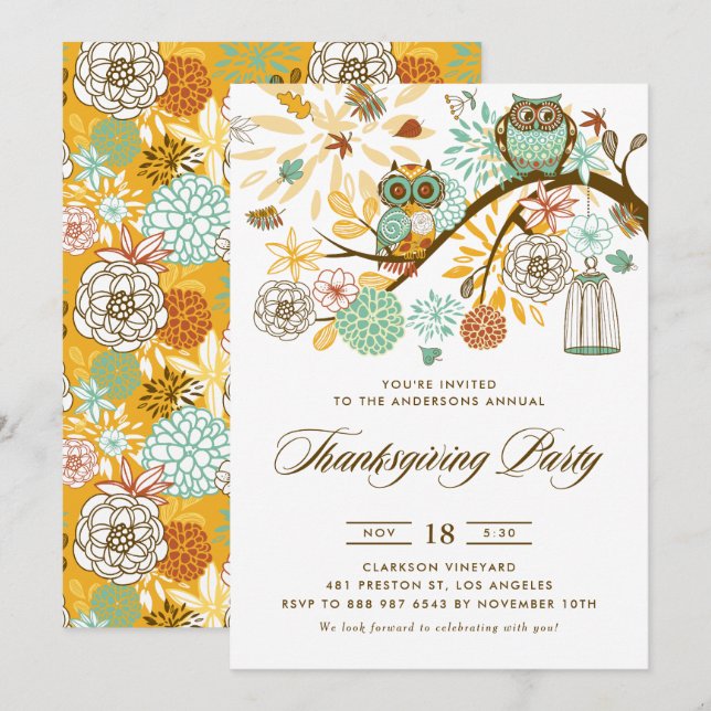 Invitation Chouettes festives bleues et orange Thanksgiving P (Devant / Derrière)