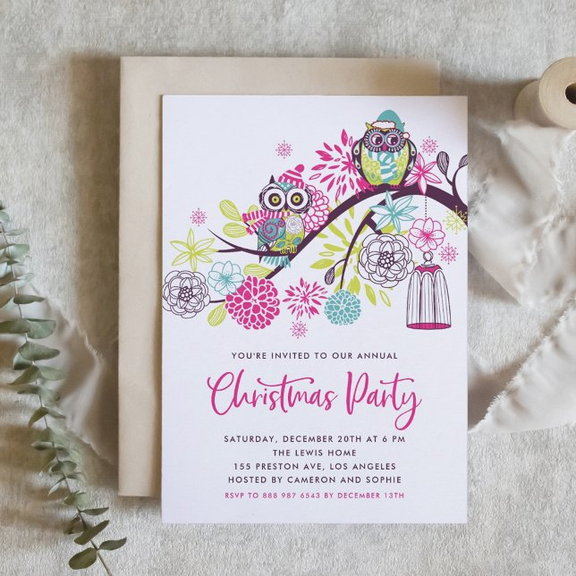 Invitation Chouettes festives roses et violettes festives fêt (Créateur téléchargé)