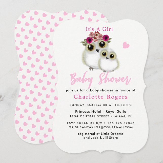 Invitation Chouettes lunaires mignonnes Baby shower rose (Devant / Derrière)