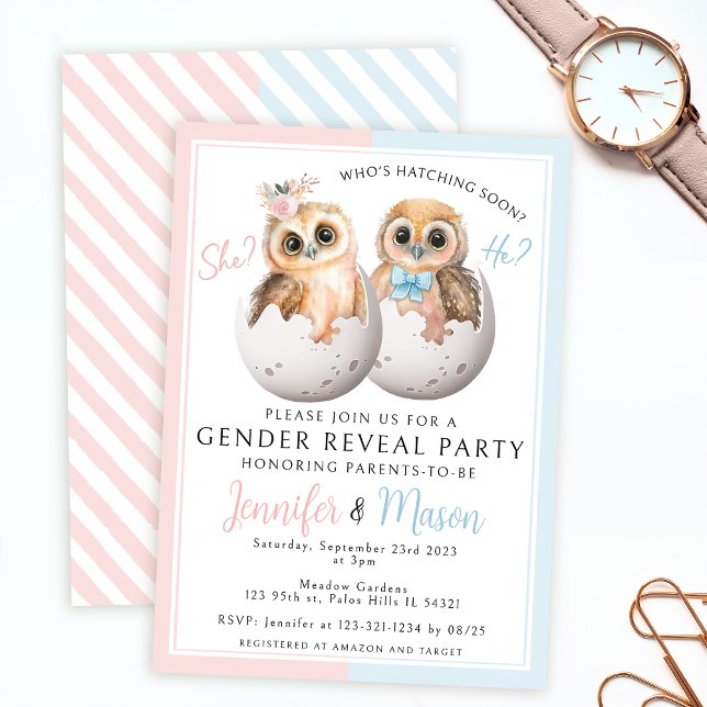 Invitation chouettes roses bleu sexe révéler la fête Invitati (Créateur téléchargé)