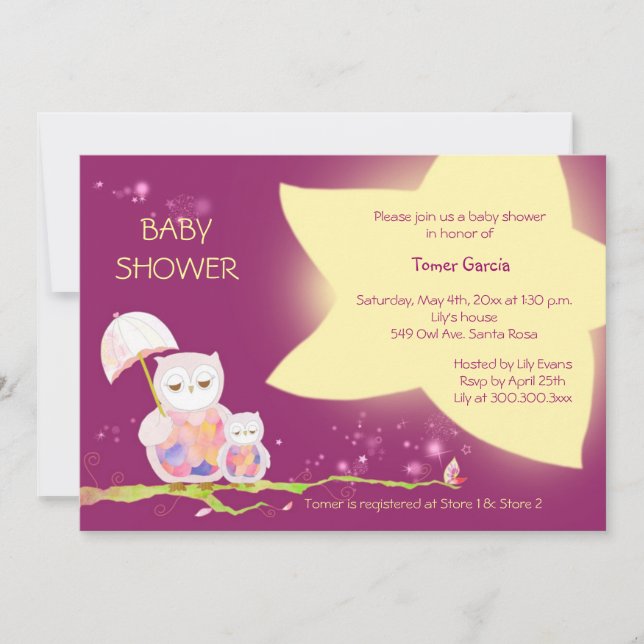 Invitation Chouettes sous Baby shower Twinkling Stars (Devant)