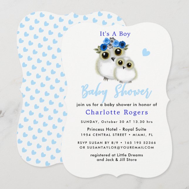 Invitation Chouettes Whimsical Cute Baby Boy Douche (Devant / Derrière)
