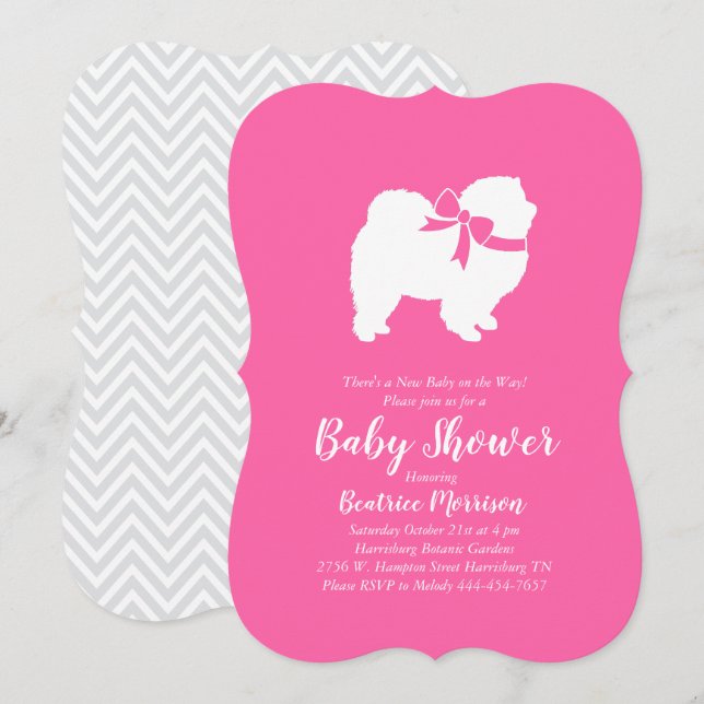 Invitation Chow Chow Chien Baby shower fille rose (Devant / Derrière)