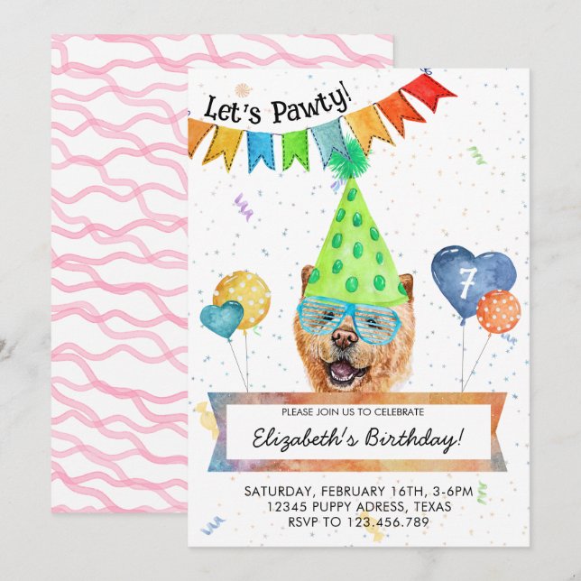 Invitation Chow Chow Lets Pawty Dog Anniversaire Fête Invitat (Devant / Derrière)
