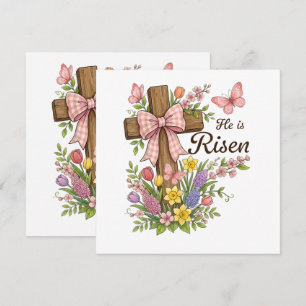Invitation Chrétien- Il est ressuscité Croix florale Religieu