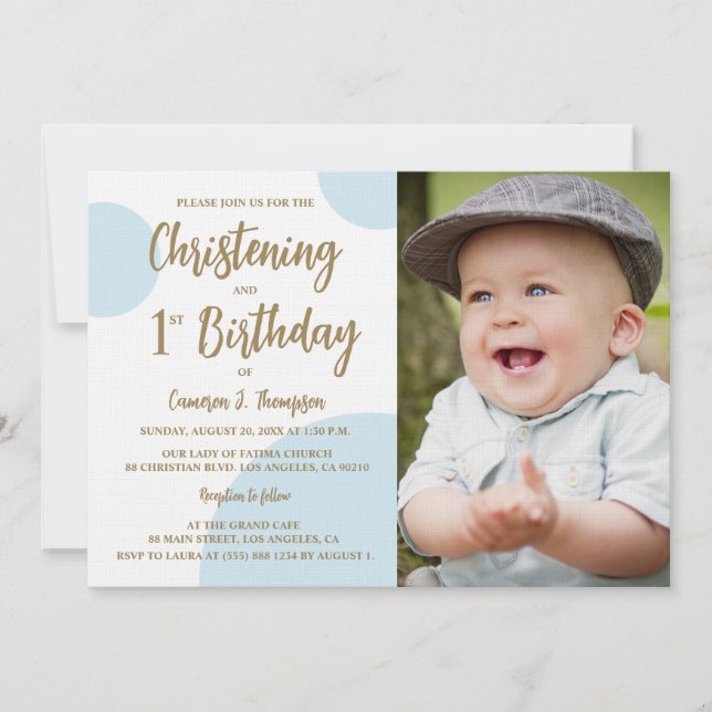 Invitation Christening 1er Anniversaire Photo Blue Gold Custo (Devant)