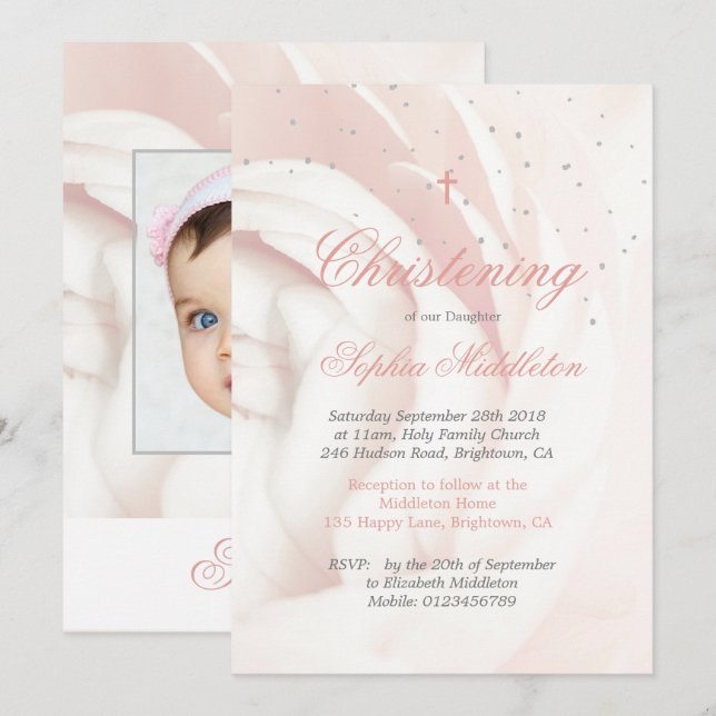 Invitation Christening Baptême Photo Girl Rose Argent (Devant / Derrière)
