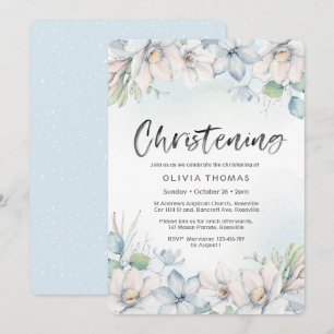 Invitation Christening   florales d'hiver bleues