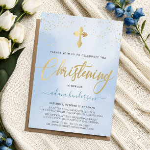 Invitation Christening Garçon Moderne Bleu Et Or