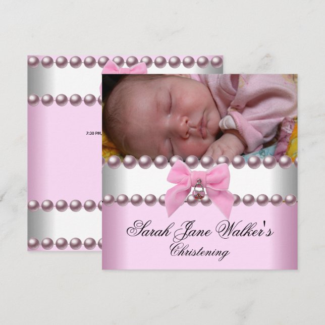 Invitation Christening Girl rose blanc rose Pearl photo (Devant / Derrière)