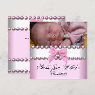 Invitation Christening Girl rose blanc rose Pearl photo