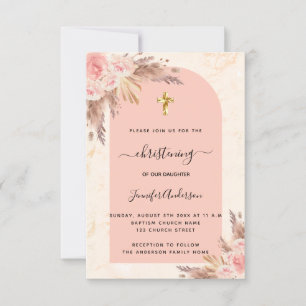 Invitation Christening pampas herbe rose rose marbre fille