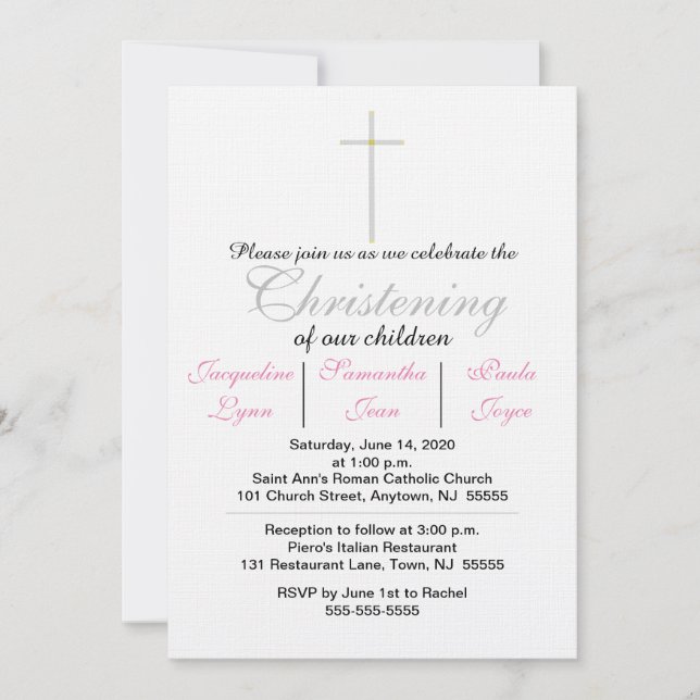 Invitation Christening Pink Triplets (Devant)