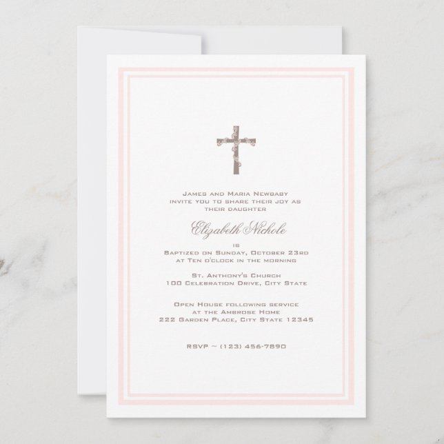 Invitation Christening Soft Rose et Brown (Devant)