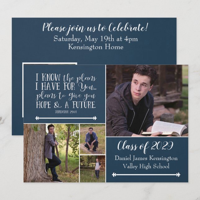 Invitation Christian Bible Verse Graduation Photo Collage (Devant / Derrière)