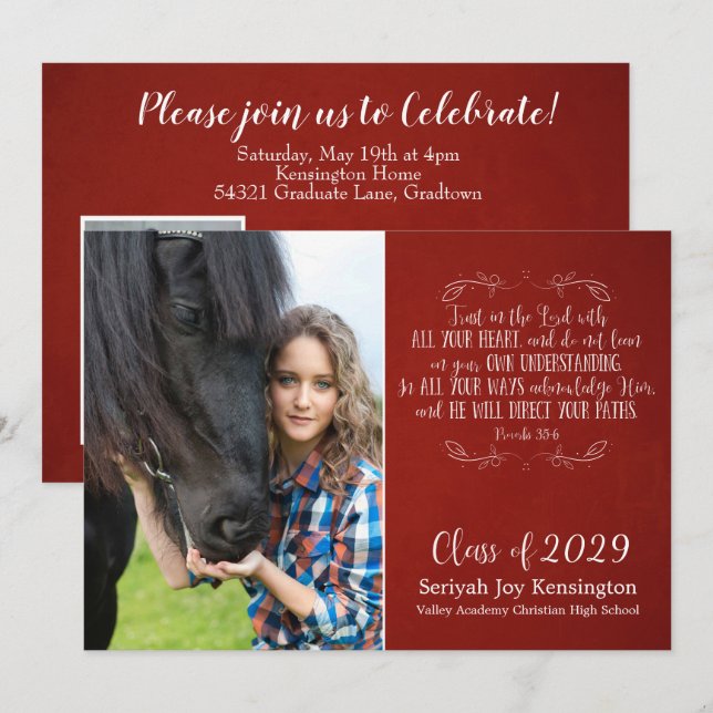Invitation Christian Bible Verse Rustic Red Graduation Photo (Devant / Derrière)