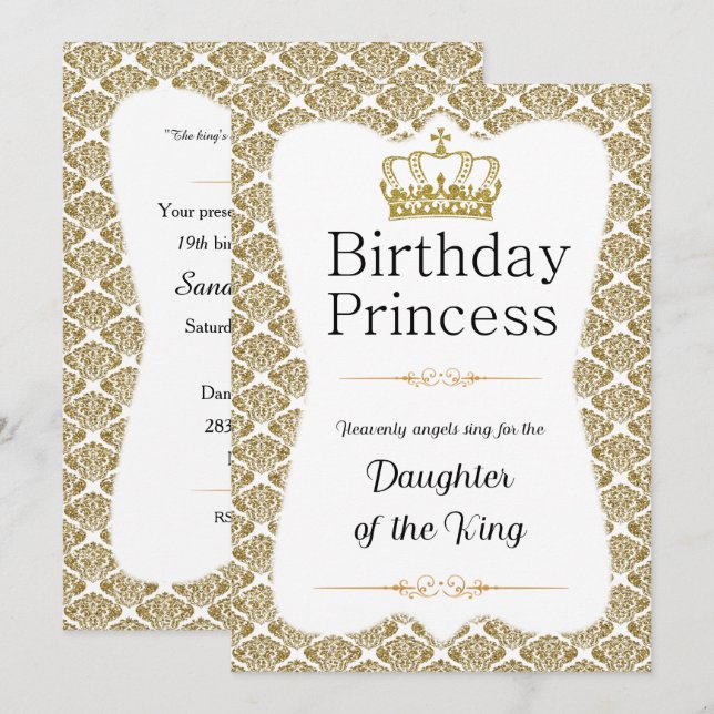 Invitation Christian Birthday Princess Gold Damask (Devant / Derrière)