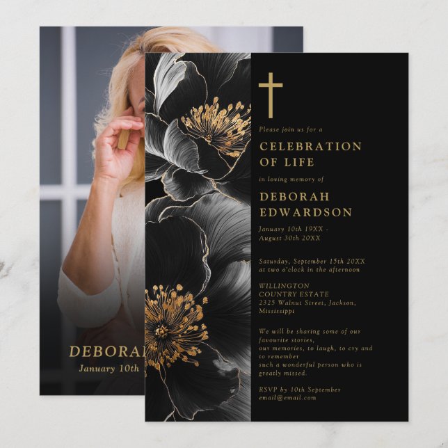 Invitation Christian Black Et Gold Célébration De La Vie Phot (Devant / Derrière)