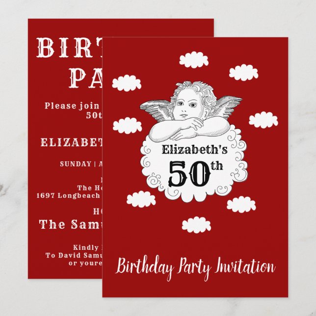 Invitation Christian Cherub Angel Joyeux 50e Anniversaire Rou (Devant / Derrière)