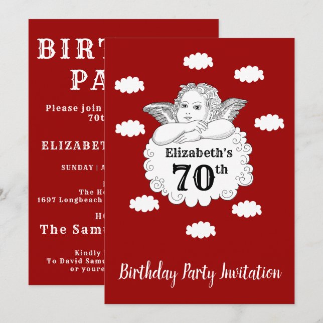 Invitation Christian Cherub Angel Joyeux 70e Anniversaire Rou (Devant / Derrière)