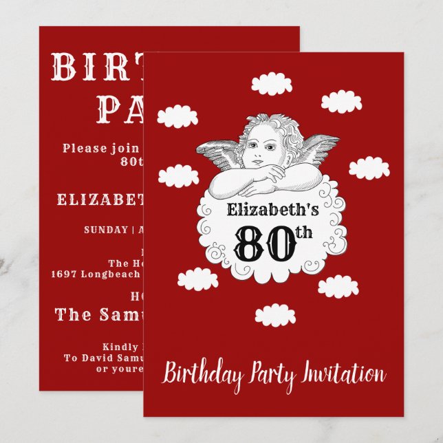 Invitation Christian Cherub Angel Joyeux 80e Anniversaire Rou (Devant / Derrière)