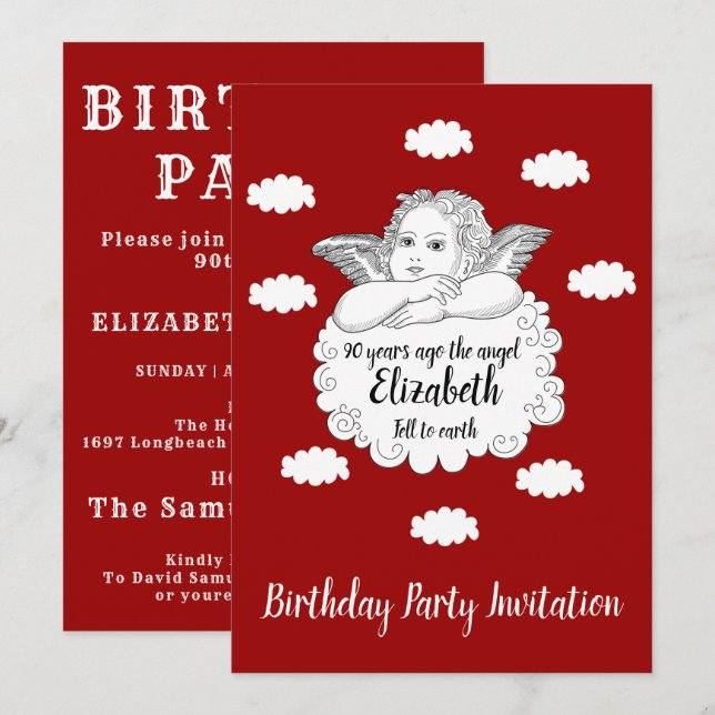 Invitation Christian Cloud Angel Joyeux 90e Anniversaire Roug (Devant / Derrière)