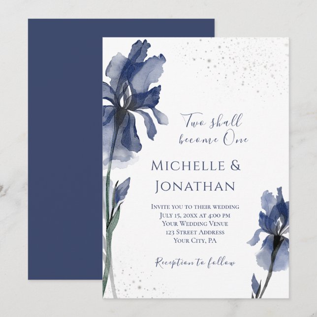 Invitation Christian Dusty Blue Iris simple Mariage à fleurs (Devant / Derrière)