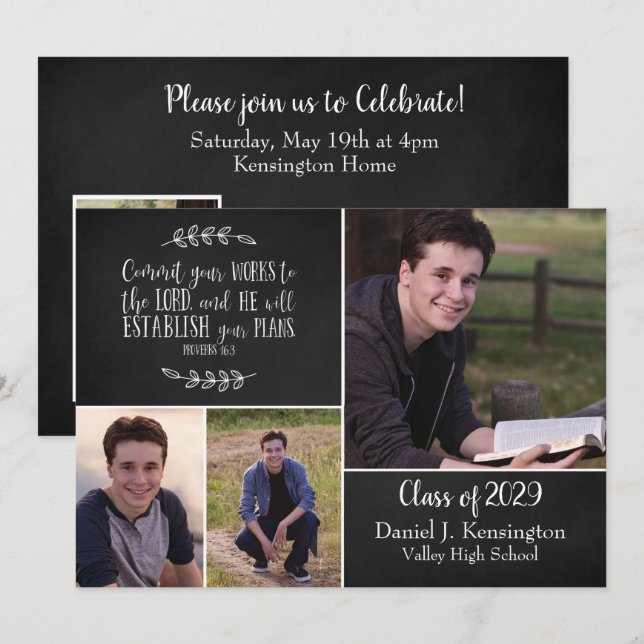 Invitation Christian Graduation Bible Verse 3 Photo Collage (Devant / Derrière)