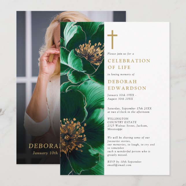 Invitation Christian Green Floral Célébration De La Vie Photo (Devant / Derrière)