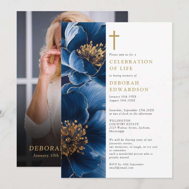 Invitation Christian Navy Blue Célébration De La Vie Photo (Devant / Derrière)