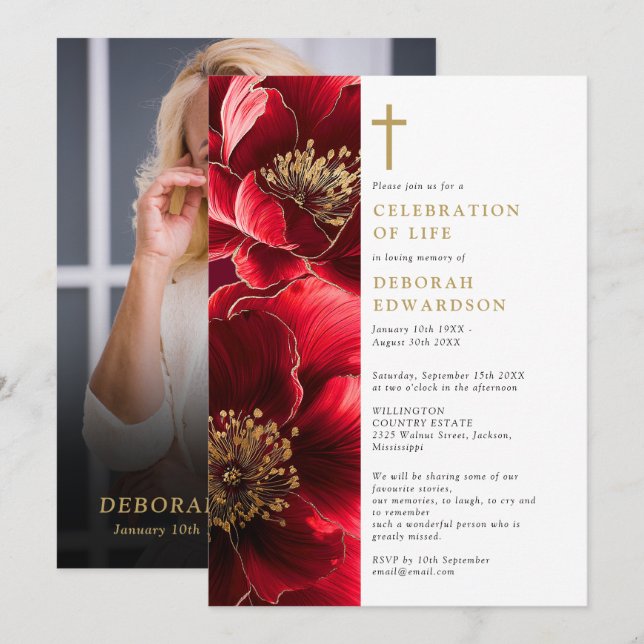 Invitation Christian Red Elegant Célébration De La Vie Photo (Devant / Derrière)