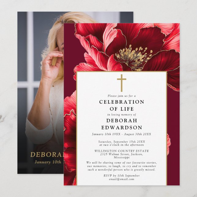 Invitation Christian Red Elegant Célébration De La Vie Photo (Devant / Derrière)