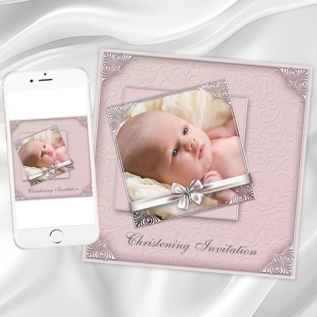 Invitation Christine photo rose (Blush pink christening invitation. Add photo and text. Download and printed invitations available.)