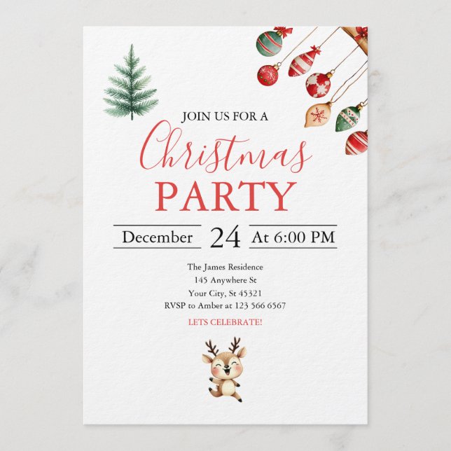 Invitation Christmas Balls and Cheerful Baby Reindeer (Devant)