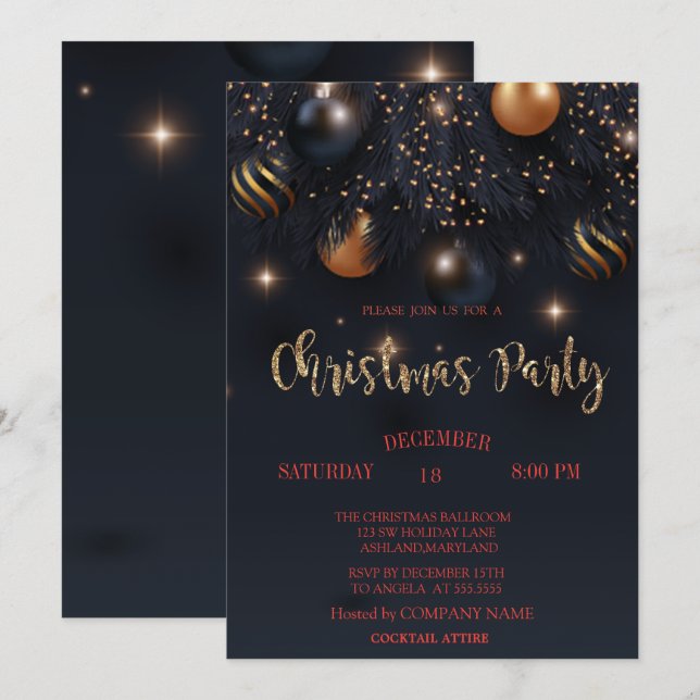 Invitation Christmas Balls Black Company Party (Devant / Derrière)