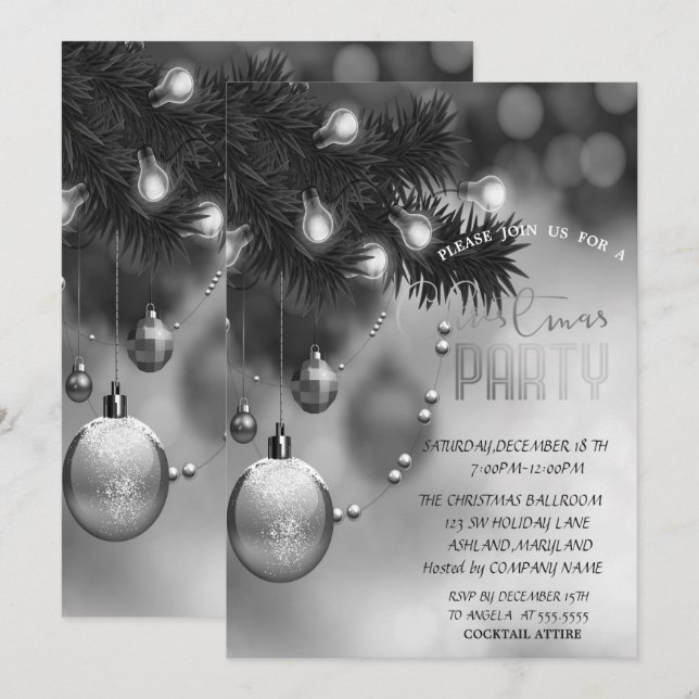 Invitation Christmas Balls Grey Corporate Christmas Party (Devant / Derrière)