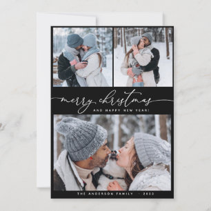Invitation Christmas Black 3 Collage Multi Photo Holiday Card
