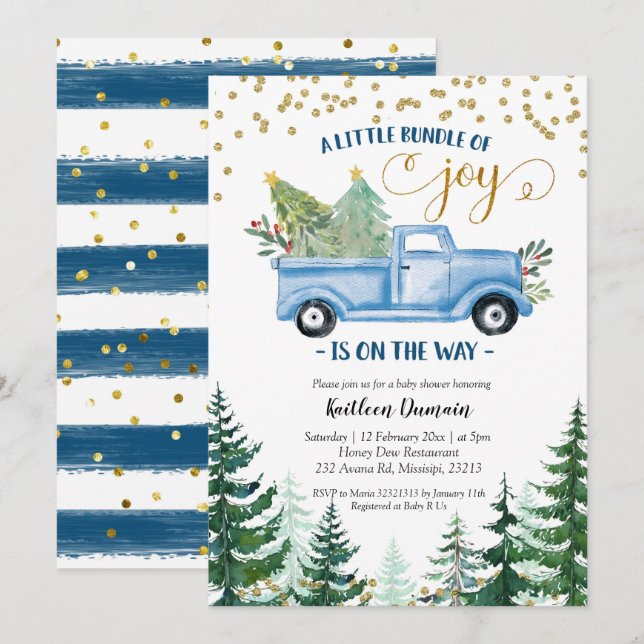 Invitation Christmas Blue Truck Baby Bundle of Joy (Devant / Derrière)