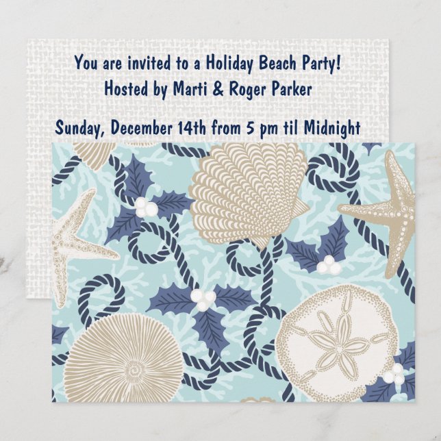 Invitation Christmas Coastal Tropical Sea Shells - Blue (Devant / Derrière)
