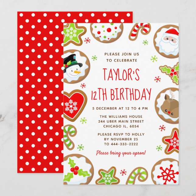 Invitation Christmas Cookies Birthday Party Red and Green (Devant / Derrière)