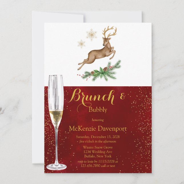 Invitation Christmas Deer Antler Bourgogne Gold Brunch Bubbly (Devant)