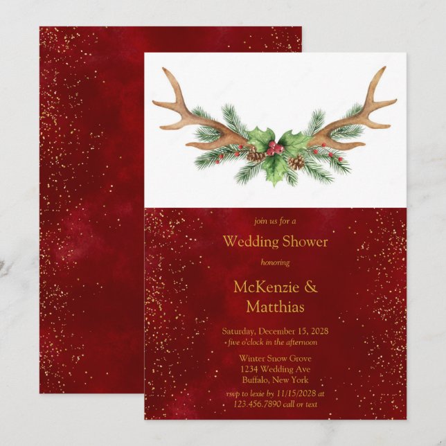 Invitation Christmas Deer Antler Burgundy Gold Wedding shower (Devant / Derrière)